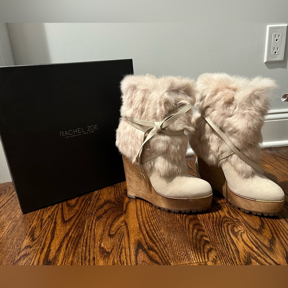 Rachel Zoe Fur & Suede Wedge Heel Booties with gold accents Size 9.5 (fits a 9)